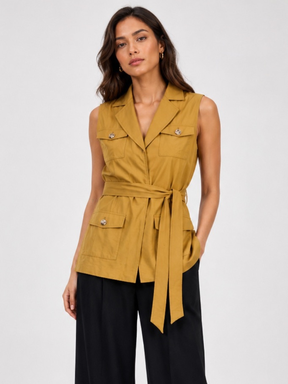 NWT Anne Klein Sleeveless Tie-Waist Patch-Pocket Gold Vest